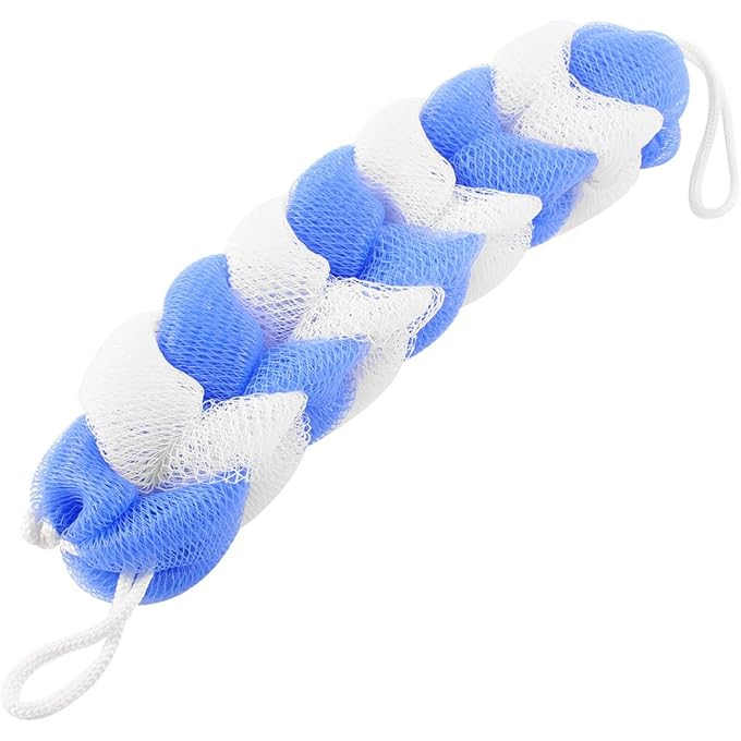 Ruilogod Hanging Hoop Mesh Net Bath Shower Pouf 11.4 Inch Length Blue White - Image 1
